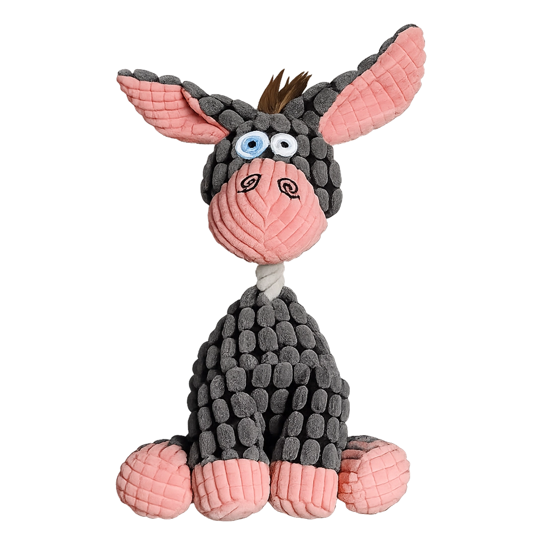 Donk chunky knit plush dog toy with pink ears