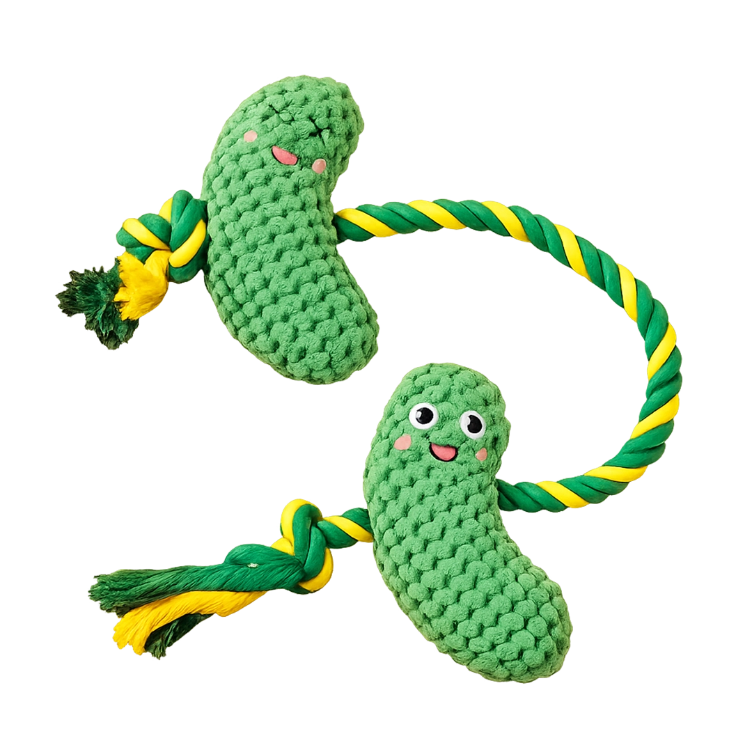 In A Pickle chunky knit pickle dog toy with rope arms