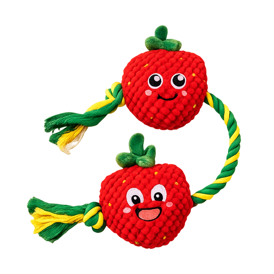 Strawbs chunky knit strawberry dog toy with rope arms