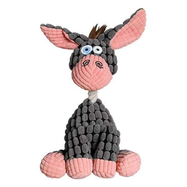 Donk chunky knit plush dog toy with pink ears