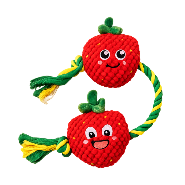 Strawbs chunky knit strawberry dog toy with rope arms